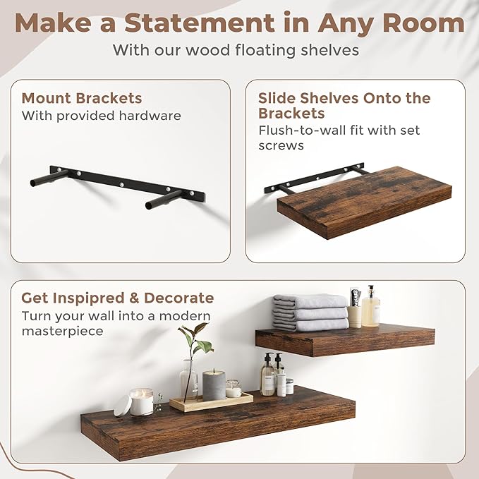 16 Inch Floating Shelves for Wall 2 Pack, 12"D Wood Grain Bathroom Shelves with Invisible Brackets, Easy Install Engineered Wood Storage Shelves for Kitchen, Living Room, Bedroom, Rustic Brown Finish