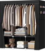 LOKEME Portable Closet, Portable Closets for Hanging Clothes with 3 Hanging Rods and 6 Storage Shelves and 4 Side Pockets, Black Wardrobe Closet Easy to Assemble and Strong and Stable