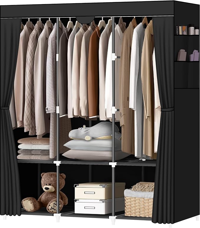 LOKEME Portable Closet, Portable Closets for Hanging Clothes with 3 Hanging Rods and 6 Storage Shelves and 4 Side Pockets, Black Wardrobe Closet Easy to Assemble and Strong and Stable