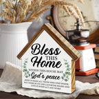 Housewarming Gifts, Christian Home Decor, Gifts for New Home Owner, Bless this Home House Shaped Wooden Block Sign Living Room Decor for Desk Table Shelf