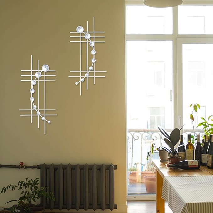 ZEXUIRU 2 Pcs Abstract Metal Art for Wall Decor Living Room Bedroom Bathroom Office Metal Bling Modern Geometric Hanging Vertical Small Iron Sculpture Plaque Pack -Silver 24in