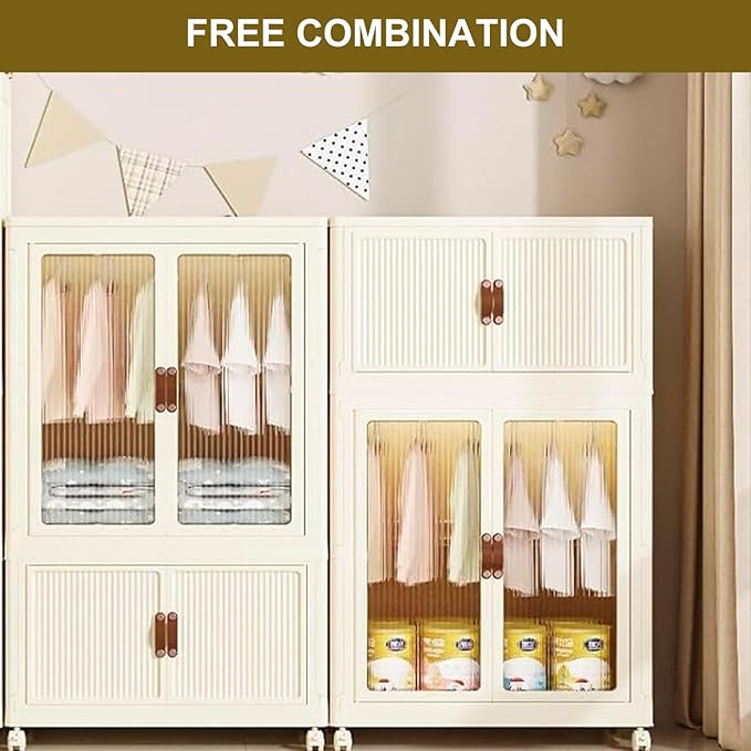 Portable Closet Wardrobe, Folding Storage Bins with Lid, Stackable Storage Box with Hanging Rod and Doors, Collapsible Plastic Clothes Cabinet with Wheels, 10 Hangers