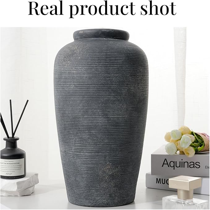 Rustic Distressed Ceramic Threaded Vase, 11"H Handmade Wabi Sabi Decor Vase (Deep Charcoal with Light Gray Weathering and Wheat Beige Patches) for Living Room Table Centerpieces, Entryway & Fireplace