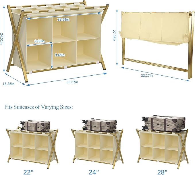 Luggage Rack for Guest Room, Folding Suitcase Stand with 6-Cube Fabric Storage Shelf, Luggage Holder, Steel Foldable Luggage Stand for Guest Room, Bedroom, Hotel, Gold