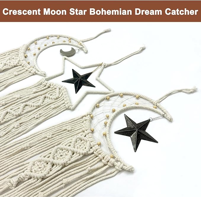Macrame Moon Star Dream Catcher Decor for Girl, Boho Crescent Dreamcatcher Bohemian Wall Hanging Dream Catcher with Star Pendant for Home Bedroom Craft Decoration(3pcs)