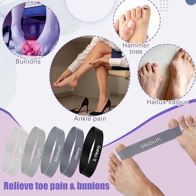 Set of 5 Toe Stretcher Band Separator Spacer Bunion Correction Hallux Valgus Alignment Foot Stretcher Straightener Resistance Loop Yoga Exercise Foot Care with Carry Bag(Grey)