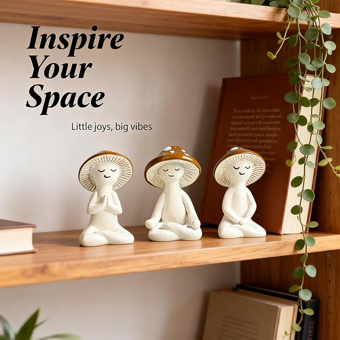 3 Pcs Mushroom Decor Figurines - Meditation Decor Statues for Living Room, Bedroom, Office - Resin Sculptures for Mindfulness Enthusiasts Home Decor Lovers Nature Lovers (White-Brown)