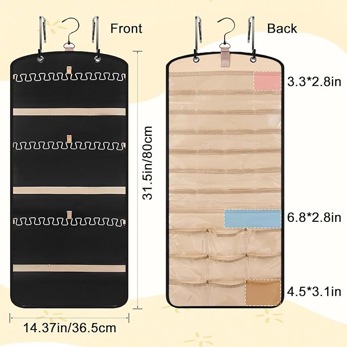 Wome Over the Door Jewelry Organizer Hanging: Double-Sided Storage with 28 Small 2 Large 9 Medium Pockets for Earrings Necklaces Rings Durable Polyester for Door or Closet or Wall or Glass (Black)