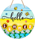 JUESMOS Hello Summer Door Decorations 11.5" Round Sunflowers Welcome Sign for Front Door Decor Farmhouse Hello Summer Hanger Sign for Porch Wreaths Home Office Wall Decorations