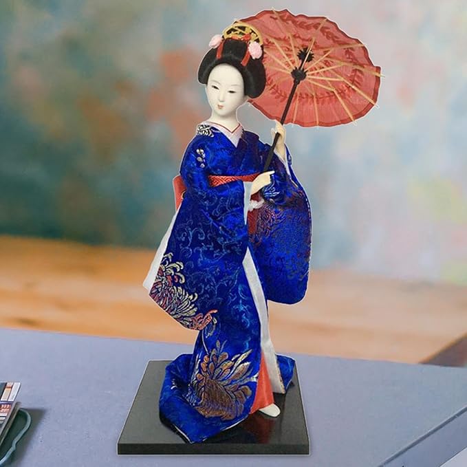 12inch Japanese Geisha Ethnic Japanese Geisha Dolls Oriental Ancient Kabuki Girl Statue Kimono Dolls for Tabletop Home Decor, Dark Blue
