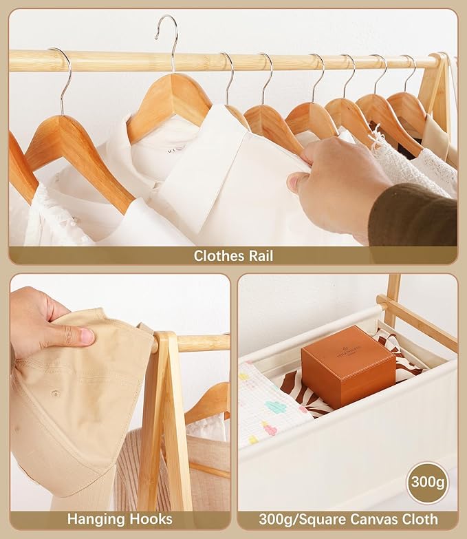 Bamboo Clothes Rack with Storage Box, Portable Extra Large Garment Rack Clothing, Foldable Wardrobe For Entryway and Bed Room (L)