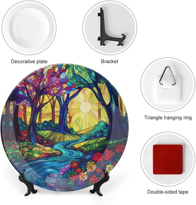 Stained Glass Theme Decorative Ceramic Plate Round Porcelain Plate,10 inch,Sunrise Forest Stream Pattern,for Decorative Ornaments Giving Plates, 1 Plate with 1 Display Stand,Multicolor