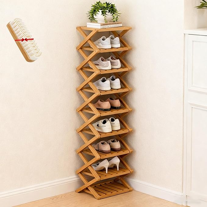 The 9-Tier No-Assembly Bamboo Rack, Folding Bamboo Shoe Rack Organizer with Collapsible Vertical Design, Space-Saving & No-Tool Assembly, for Entryways,Corners,Bedrooms,Balconies (Yellow,9)