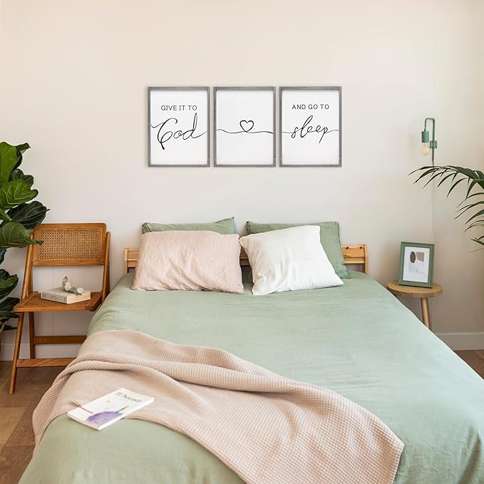 Set of 3 Framed Farmhouse Give it to God and Go to Sleep Signs 11x14” Above Bed Wall Decors for Bedroom Wood Signs (11x14 inches, Gray)