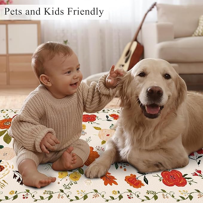 U'Artlines 2' x 8' Colorful Floral Runner Rug for Hallways Kitchen Soft Non Slip Washable Floor Carpet Runners for Entryway Laundry Room Bathroom Beige