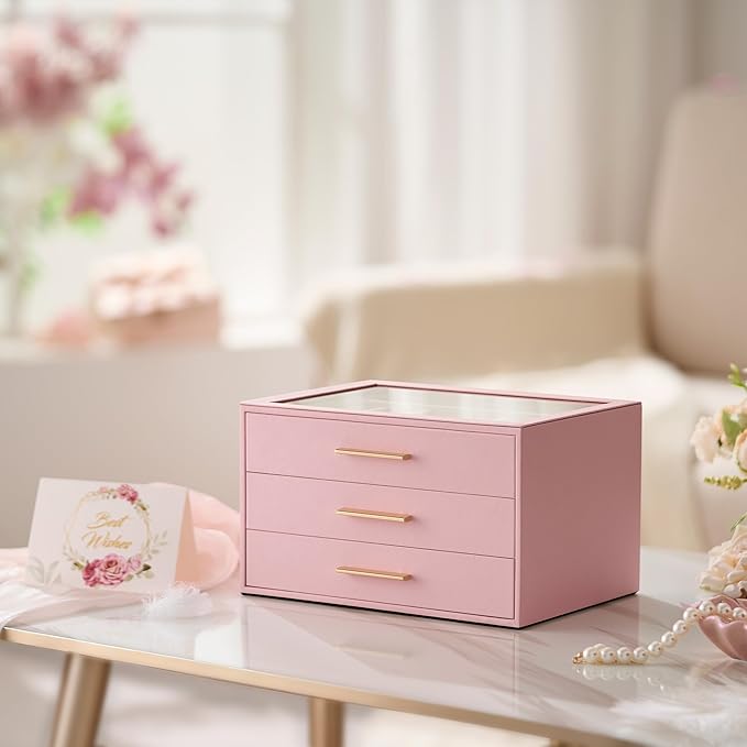 pickpiff Jewelry Box Organizer Case for Women: 3-Layer Jewelry Storage Case with Glass Window, Pink Leather with Velvet Holder for Ring Necklace Bracelet Brooch Watch, Great Gift for Her