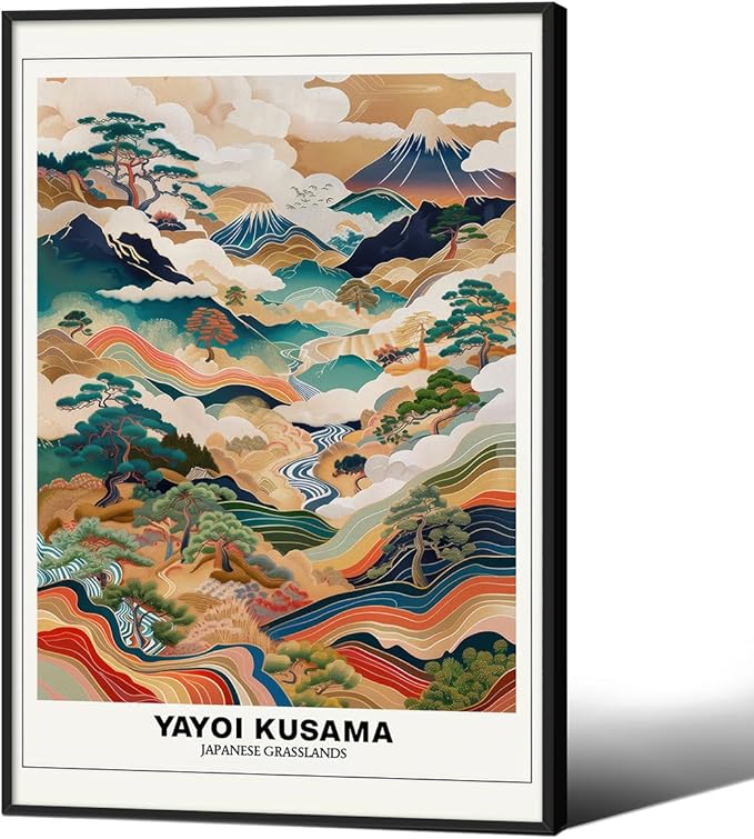 Vintage Yayoi Kusama Grasslands Posters Japanese Wall Art Yayoi Kusama Abstract Landscape Canvas Print for Stylish Room Bedroom Living Room Gallery Decor 20x30in Black Framed