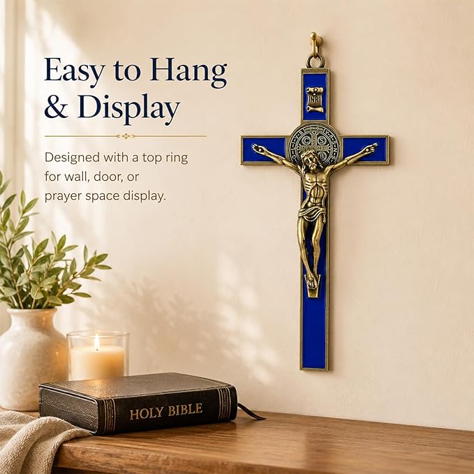 TALPGOD St Benedict Crucifix Gold Blue 7.2 Inch,Crucifix Wall Cross for Catholic Decor,Jesus Christ Hanging Cross Wall Art Decor,Escapularios Catolicos,Saint Benedict Medal for Home Decoration
