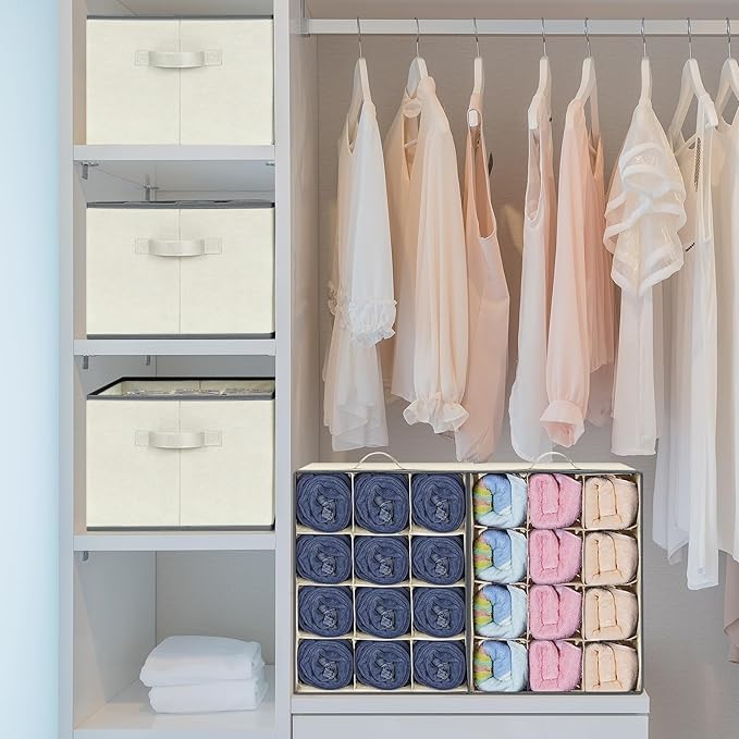 3 Pcs 12 Cell Large Size Pants Organizers for Clothes, Jeans, Sweater, T-shirt, Dress Stackable for Wardrobe Closet Drawer Organizer Storage Bin Container, Beige
