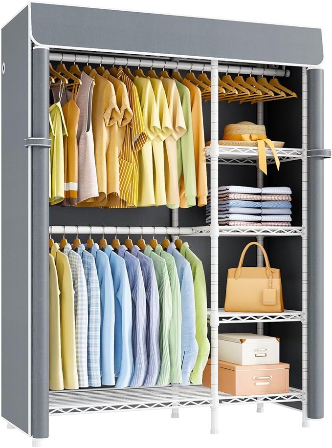 F2C Clothes Rack with Cover, Clothing Racks for Hanging Clothes, Heavy Duty Garment Rack with Shelves and Hanger Rods, White Closet with Gray Cover, 47.2" W x 16.5" D x 78.3" H, Load 630lbs