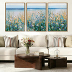 Blue Seaside Cyan Floral Wall Decor Wildflower Canvas Paintings Framed Floral Art Prints Blue Flowers Wall Art Wildflowers Wall Pictures for Living Room Bedroom Bathroom 16x24 Inch Set of 3