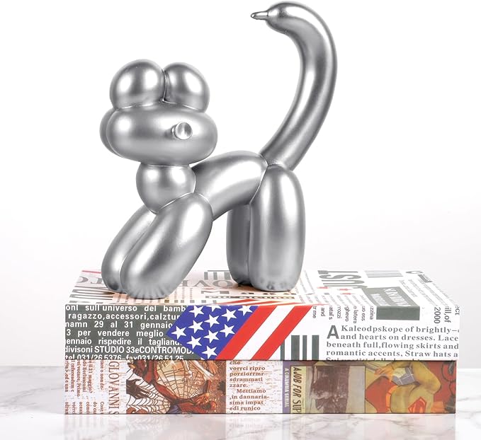 Cute Balloon Cat Statue Decor - 7.8 Inch Modern Cat Statue Ornament, Home Crafts Living Room Desktop Bedroom Sculpture Decoration (Silver, Large)