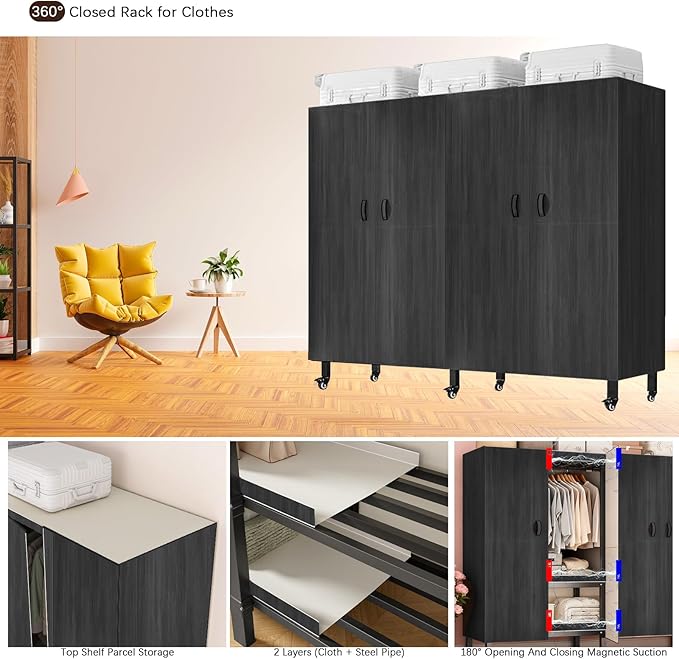 Heavy Duty Portable Closet with Cover Magnetic Doors, Metal Rolling Clothes Rack Heavy Duty 1500LBS, Foldable Clothing Rack, Garment Racks for Bedroom/ LivingRoom/ Rental (KT-WoodgrainBlack, 70.86in)