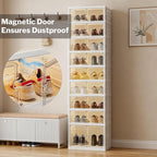 9 Tiers 18 Pairs Foldable Shoe Rack Organizer, Collapsible Shoes Storage Cabinet with Magnetic Doors, No Assembly, Stackable Tall Free Standing Shoe Rack for Closet, Entryway, Living Room