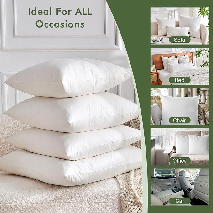 Feathers Down Throw Pillow Inserts 12x20, Set of 2, 100% Organic Cotton Shell, Soft Decorative Lumbar Pillow Insert for Living Room Sofa, Couch, or Bed (White)