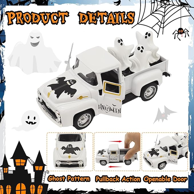 Halloween Decorations - Mini Cute Farmhouse Style Halloween Metal Truck Decor with 3 Removable Mini Ghost Ornaments for Tabletop, Tiered Tray, Shelf, Fireplace and Home Indoor Décor