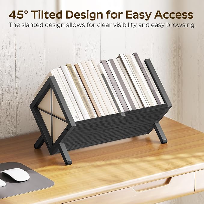 YATINEY Vinyl Record Holder, Record Storage Rack Holds 80-100 LP，Wooden and Metal Record Organizer, Quick Assembly Magazine Holder Vinyl Record Display Stand for CDs, Magazine, Albums, Black CJ06BB