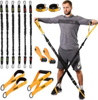 Tribe Lifting Tube Resistance Bands for Working Out Men and Women - 180lb Exercise Bands Set with Handles, Resistance Band Bar, Ankle Straps, Foot Straps, Door Anchor for Home Gym Strength Training