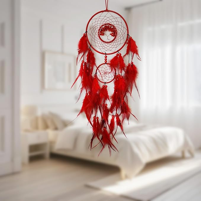 Red Dream Catcher Wall Decor Crystal Tree of Life Dream Catchers Handmade Feather Dreamcatcher Wall Hanging Ornament for Bedroom Living Room Home Decor