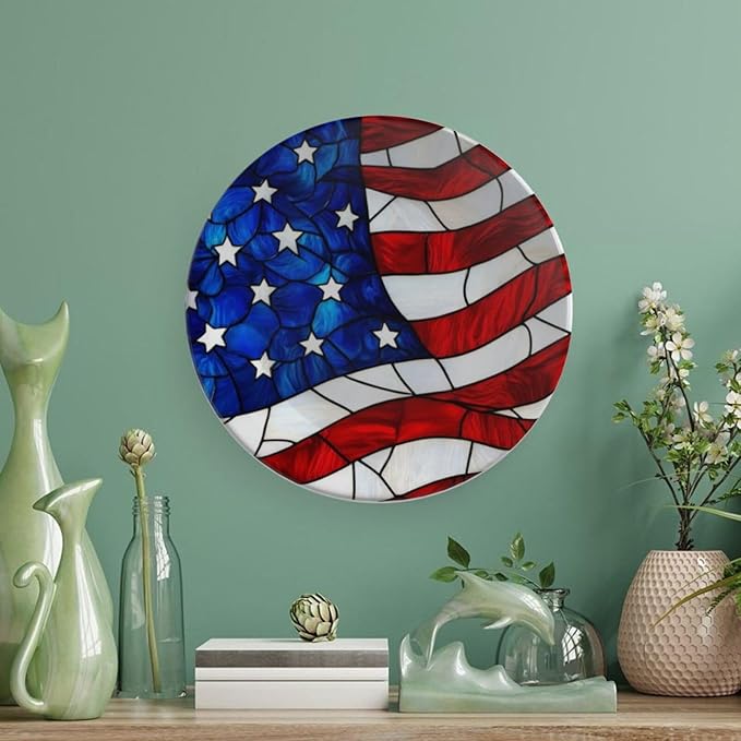 Stars and Stripes Theme Decorative Ceramic Plate Round Porcelain Plate,8 inch,American Stained Glass Pattern,for Decorative Ornaments Giving Plates,1 Plate with 1 Display Stand,Red Blue
