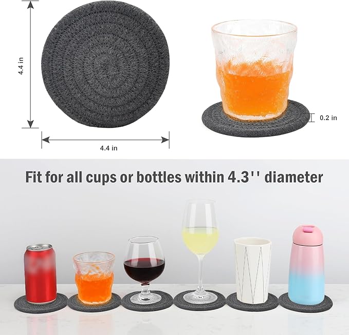 ABenkle 8 Pcs Drink Coasters with Holder, Cotton Woven Absorbent Coasters for Drinks, Minimalist Home Decor Coaster Set for Wooden Tabletop Protection Table, 4.3 inches Grey