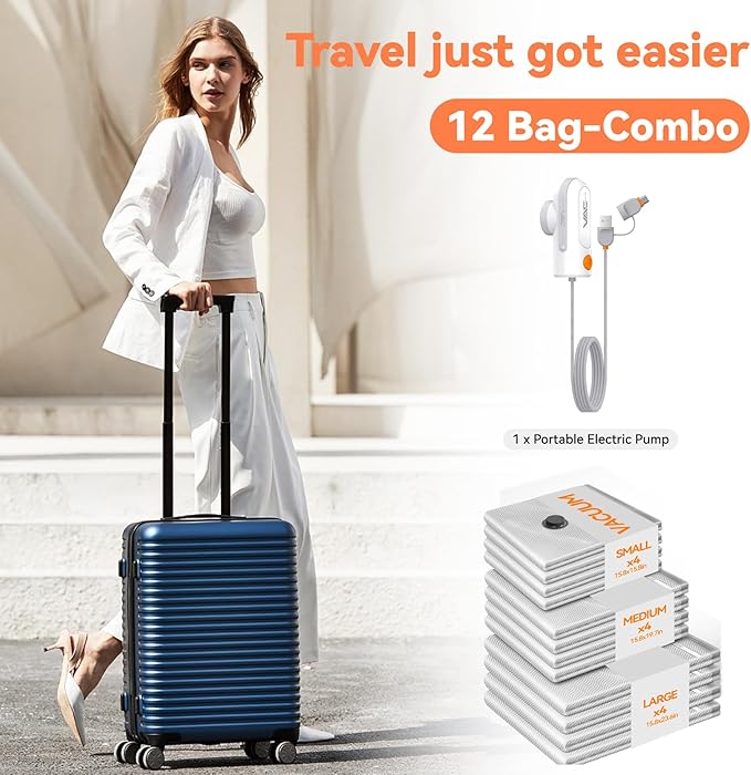 Vacuum Bags for Travel with USB and TYPE C Pump,vacuum seal travel bags,12 Pack Carry-on Size Compression Packing Bags for Luggage,Space Saver for Clothes and Clothing Travel（Grey）