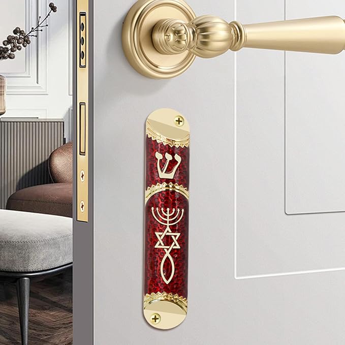 Mezuzah with Scroll for Door, Metal Mezuzah Case with Messianic Seal for Hebrew Home Blessing, Jewish Gifts, Jewish House Warming Decor, Christmas, Easter (Red)