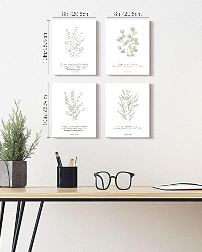 Drsoum Bible Verses Inspirational Scripture Framed Wall Art Botanical Plant Motivational Christian Decor for Bathroom Sage Green Eucalyptus Leaf Prints Ready to Hang 8x10inx4pcs (Framed)