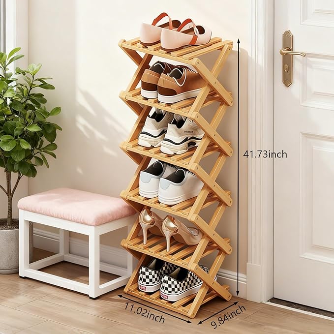 Simcat Bamboo Shoe Rack, Portable Folding Shoe Storage Rack,No Installation Free Standing Shoe Rack for Entryway, Closet, Dorm/Small Spaces (6 Tier)
