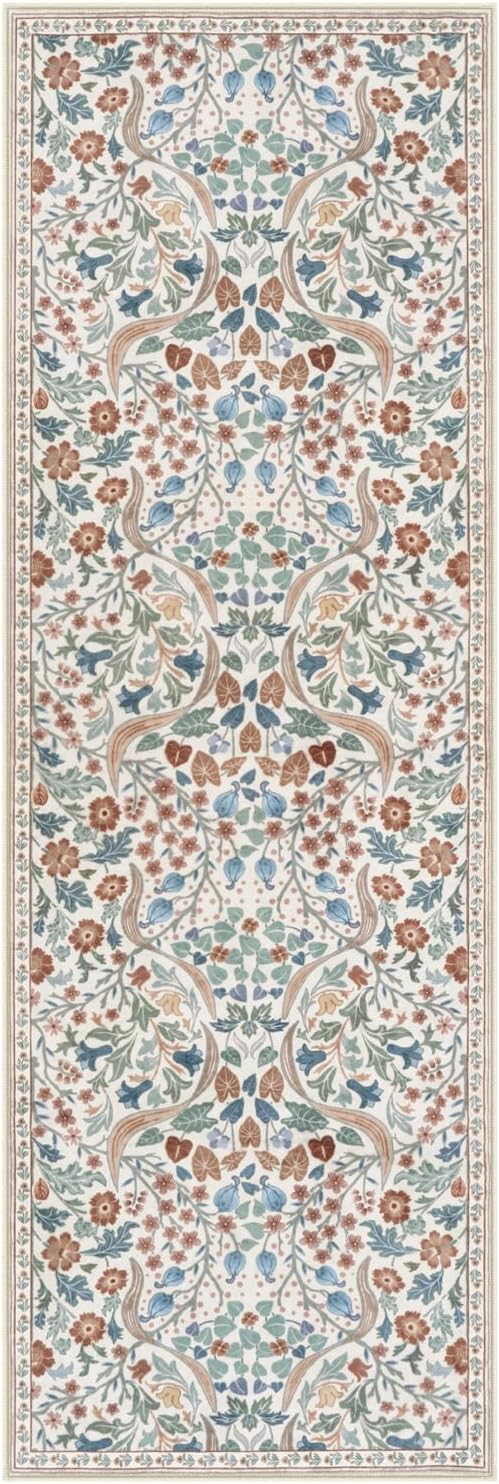 Moynesa Floral Hallway Runner Rug, 2x6 Kitchen Runner Non-Skid Washable, Boho Botanical Soft Ultra Thin Throw Mat for Bathroom Laundry Bedroom, Beige