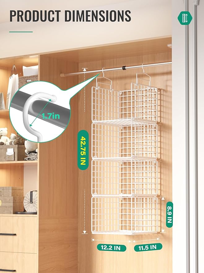 Hanging Closet Organizer, 4 Tier Metal Closet Organizers and Storage with 4 Hanging Hooks 4 S-Hooks for Wardrobe Laundry Room, Wire Storage Shelf for Clothes Sweaters Pants (White)