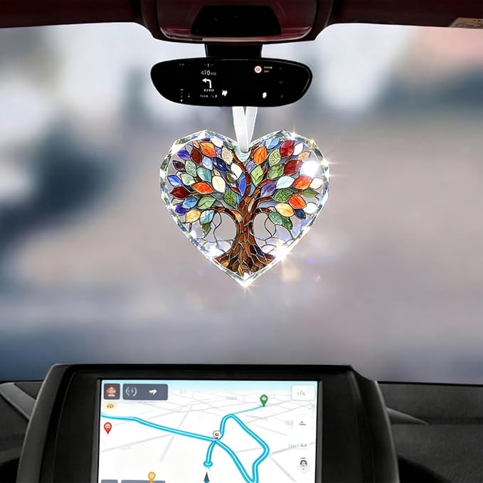 Tree of Life Stained Glass Ornament Christmas Tree Decorations Heart Shape Crystal Ornaments Holiday Presents Idea Car Hanging Ornaments Unique Keepsale for Mom Wife Friend Sister