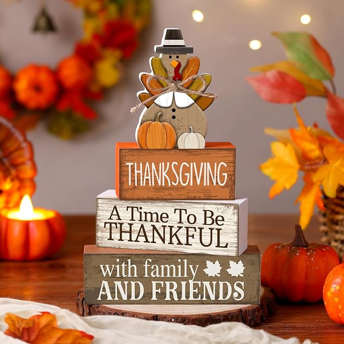 Lineshading 4 Pcs Fall Decoration for Home Wooden Turkey Decor "A Time to Be Thankful" Table Sign with Turkey & Pumpkin Topper, Thanksgiving Centerpiece Rustic Fall Tiered Tray Decor for Home Kitchen