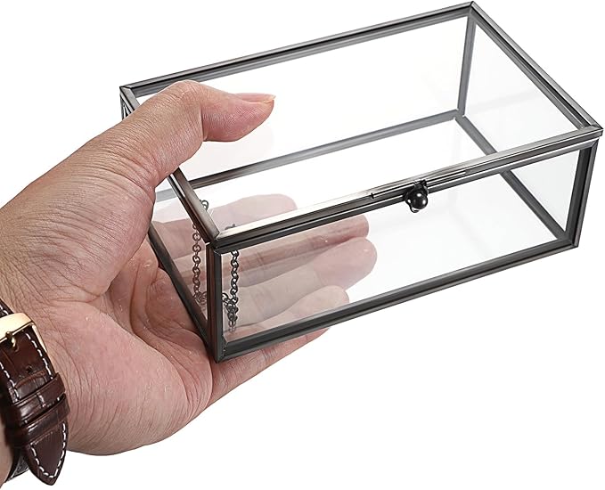 Hipiwe Vintage Glass Keepsake Box - Rectangle Jewelry Display Organizer with Lidded Box for Home Decor and Storage of Trinket Rings, Bracelet - Black, Small