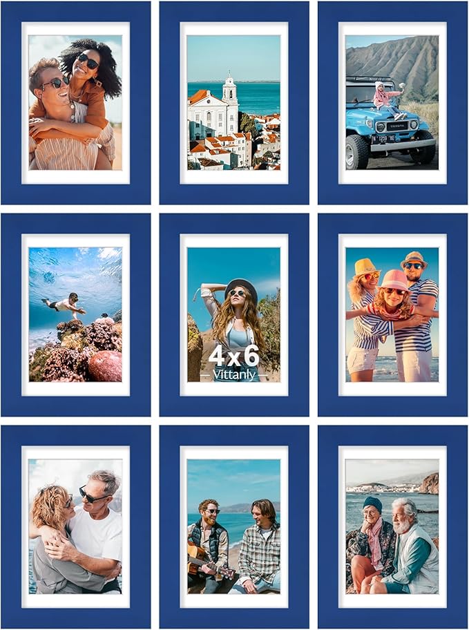 Vittanly 4x6 Picture Frames Set of 9, Shatter Resistant Plexiglass, Display 3.5x5 Pictures with Mat or 4x6 without Mat, Photo Frames for Wall or Tabletop, Engineered Wood, Blue