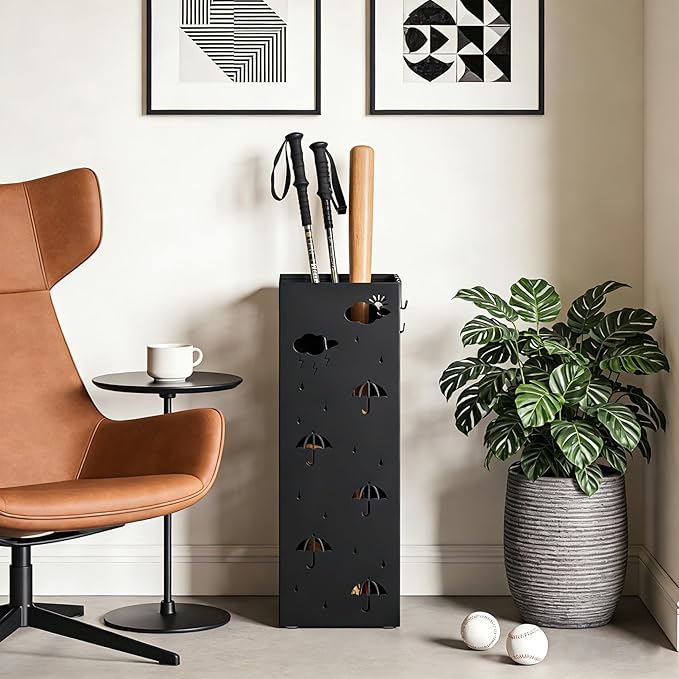 PrecisionAuto Versatile Metal Umbrella Stand for Entryway – Multi-Purpose Storage Rack – Cold-Rolled Steel, Removable Drip Tray & 4 Hooks – Stores Canes, Walking Sticks, Baseball Bats