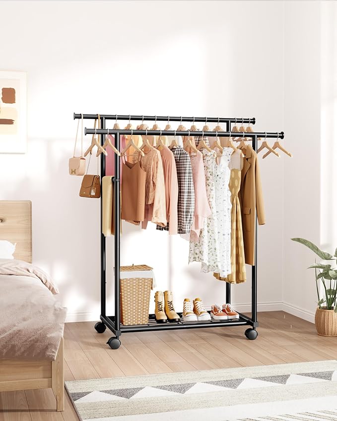 Metal Clothes Rack - Double Rod Clothing Rack with Fixed Design and Rolling Wheels, Coat Rack with Built-In Shelf for Closet Organizers and Storage (38.5" x 16.9" x 59.0", Black)
