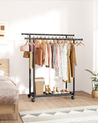 Metal Clothes Rack - Double Rod Clothing Rack with Fixed Design and Rolling Wheels, Coat Rack with Built-In Shelf for Closet Organizers and Storage (38.5" x 16.9" x 59.0", Black)