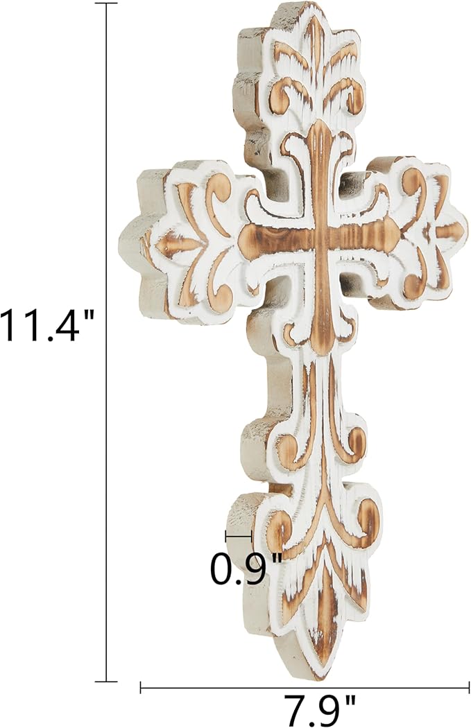 SOFE Decorative Wall Crosses for Home Decor, White Wash Wood Cross for Wall Decor, Rustic Cross to Hang on Wall, Wall Art Hand Carving Unique Pattern, Easter Religious Gifts