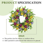 22 Inch Artificial Spring Summer Wreaths for Front Door,Pansy Flower Wreath with Eucalyptus Leaves,Berries,Ferns for Indoor Outdoor Wall Porch Festival Farmhouse Home Holiday Decor.